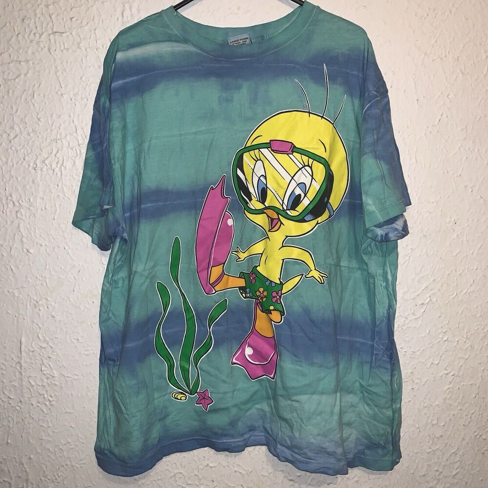 Vintage 1996 Looney Tunes Tweety Bird Tie Dye Underwater Goggles Shirt 1X USA